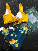 Swimsuit Women Bikini-Sets Bathing-Suits Lemon CUPSHE Lace-Up Print Two-Pieces Sexy Yellow