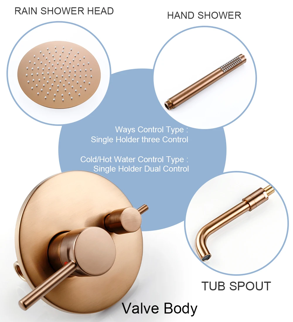 Shower Set Bathroom Shower Faucet Brushed Rose Gold Smesiteli Brass 3 Way Diverter Valve Kit Hot & Cold Mixer Tap Tub Spout Hand Spray