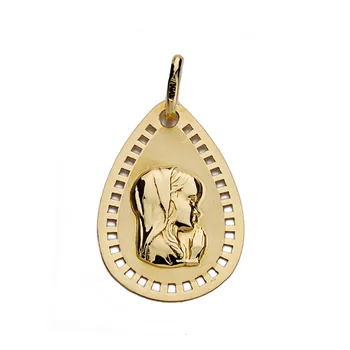 

Medal pendant 9k gold Virgin Girl tear shape 19mm. Center smooth fence pictures openwork