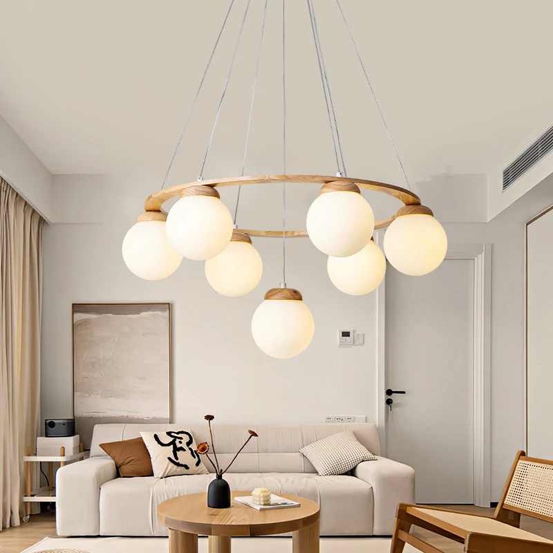 Nordic Wood Chandelier For Dinning Room Kitchen Loft Table Ring Glass Ball Pendant Lamp Living Home Edison E27 Hanging Lighting wagon wheel chandelier