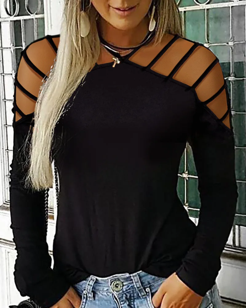 Camisas de hombros descubiertos con remaches de lentejuelas para mujer, Blusa de manga larga para mujer, jerséis lisos, Top de talla grande 5XL
