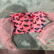 CHRONSTYLE mujeres estampado de mariposa blusas Crop Tops cuello barra larga Puff manga hombro sin espalda jerseys