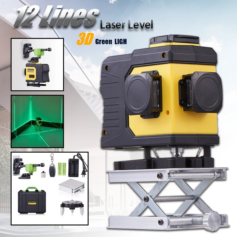

Line Laser Digital Power Display Self-Leveling 12 Lines 3D Green Laser Level 360 Horizontal with Remote Control + Wall Bracket