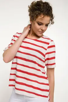 

DeFacto Woman White Red Striped Shirts Women Summer Casual Tops Female Loose Short Sleeve Blouse-I6969AZ18SM