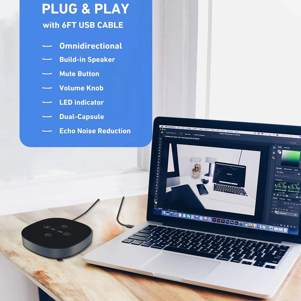 Omnidirectional Conference Microphone with Speaker for Zoom Meeting USB Desktop Computer Speakerphone with Mute Control