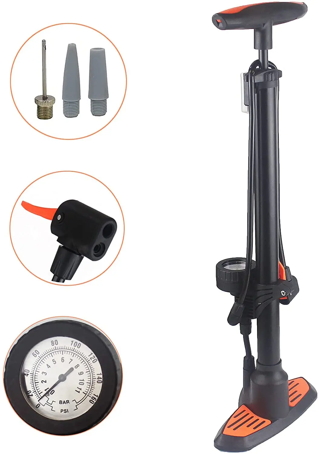 Dunlop Floor Bike Hand Air Pump Pressure Gauge Standing Manometer 11Bar Black 