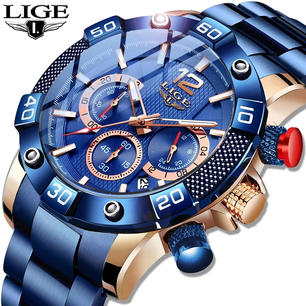 LIGE 2021 New Fashion Chronograph men's watch with stainless steel Top brand luxury Sport quartz CGStore | Наручные часы