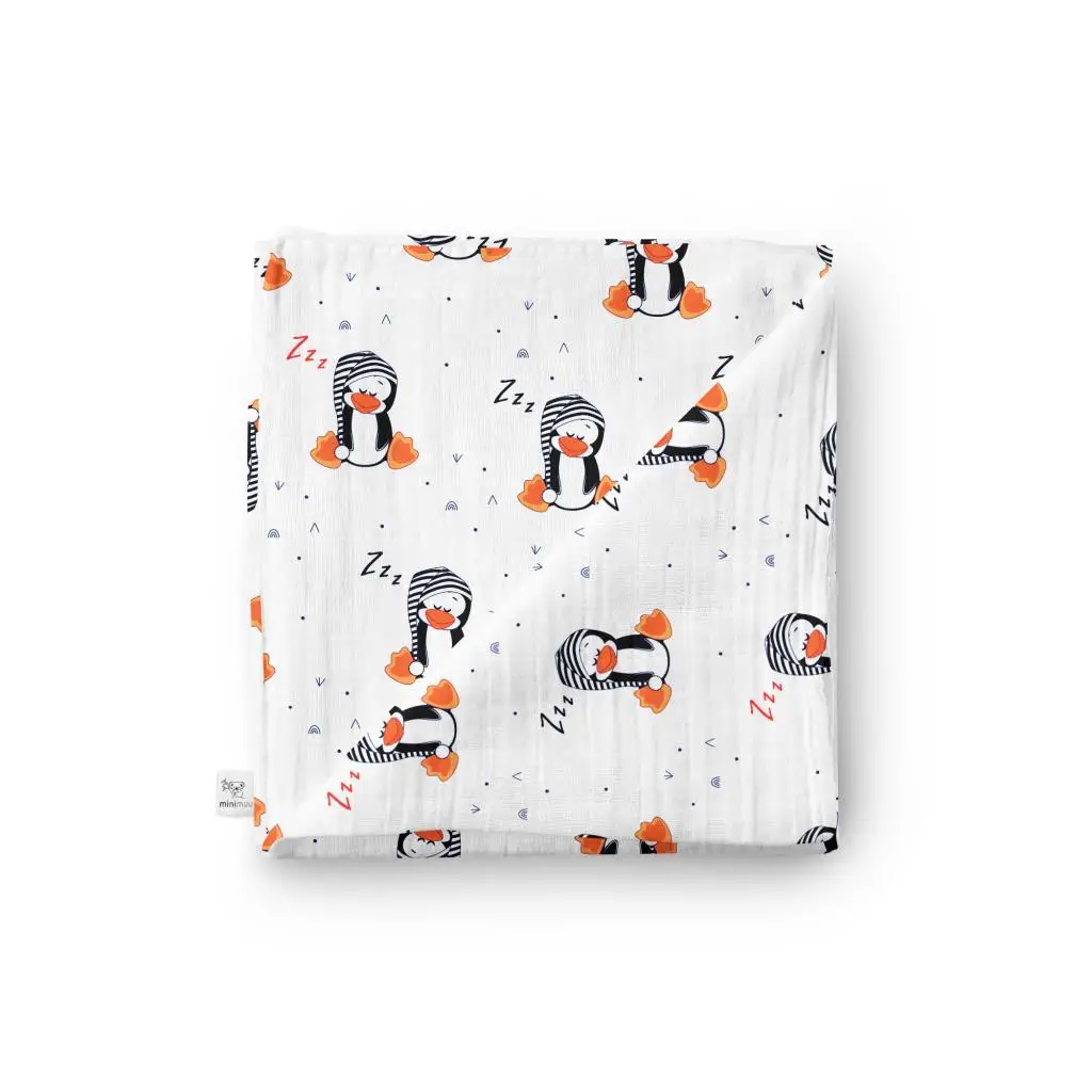 

Minimuu Organic Cotton Muslin Swaddle, Penguin Patterned, 100x100 cm, Functional Baby Swaddle