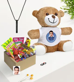 

Personalized Mr Easy Grow Caricature Of Nostalgic Lezzetler Plush Teddy Bear Black Bar Necklace Gift Seti-3