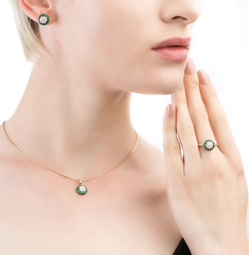 Gold earrings with emeralds and diamonds SUNLIGHT test 585