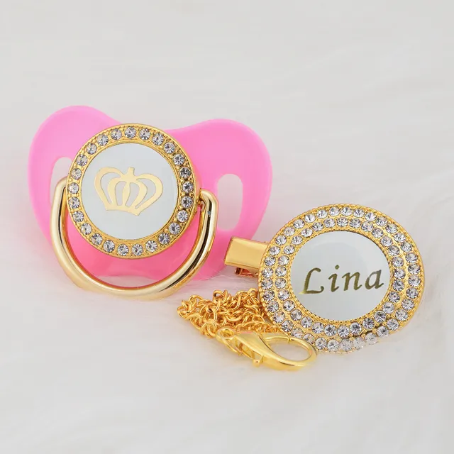 MIYOCAR custom name pacifier clip bling white crown pacifier and pacifier clip set luxurious unique gift PCW pink 0-6m