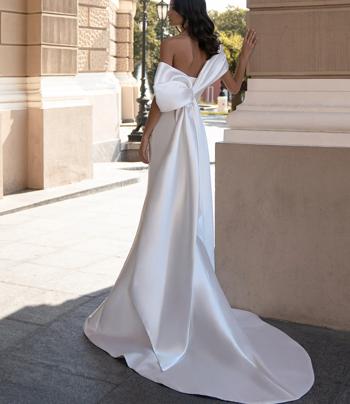 11755#Customized Simple Ivory Satin Mermaid Maxi Strapless Off-Shoulder  With Bow Backless Wedding Dress Wedding Bridal Gown - AliExpress 320