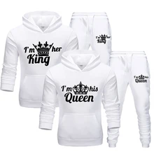 Fashion Korean Wave Couple Sweatshirt Suits King and Queen His and Her Hooded Pullover Hoodies + Trousers Suits