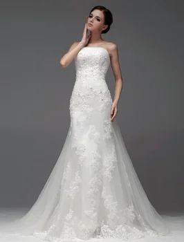 شراءلوحة تراين عاجي حورية البحر مطرز بالخرز تول العرائس فستان الزفاف بتصميم بدون حمالات