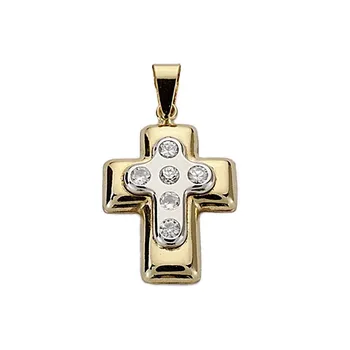 

Gold Cross two-tone 18k 22mm. Center Cross oror white embossed zircons woman
