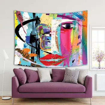 

Tapestry Creative Artwork with Paint Strokes Splashes Face Mask Blue Black Red Decorative Print