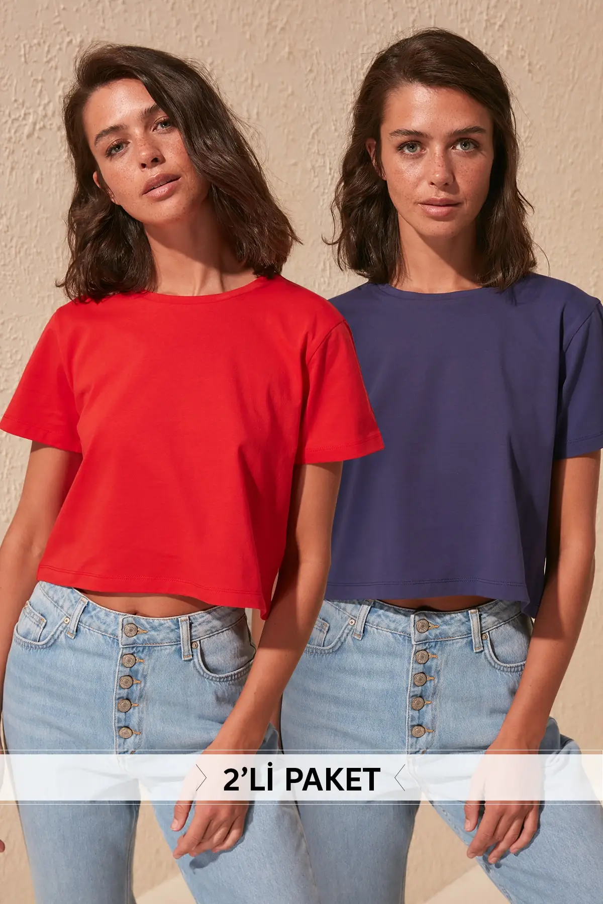 

Trendyol 2'li Package 100 Cotton Cycling Neck Crop Knitted T-Shirt TWOSS20TS0147