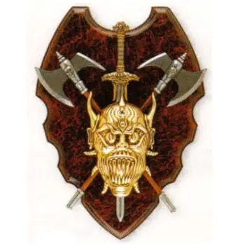 

DENIX replica wall coat of arms, Panoply with barbarian demon, sword and 2 axes, 29cm, metal and wood, decoration