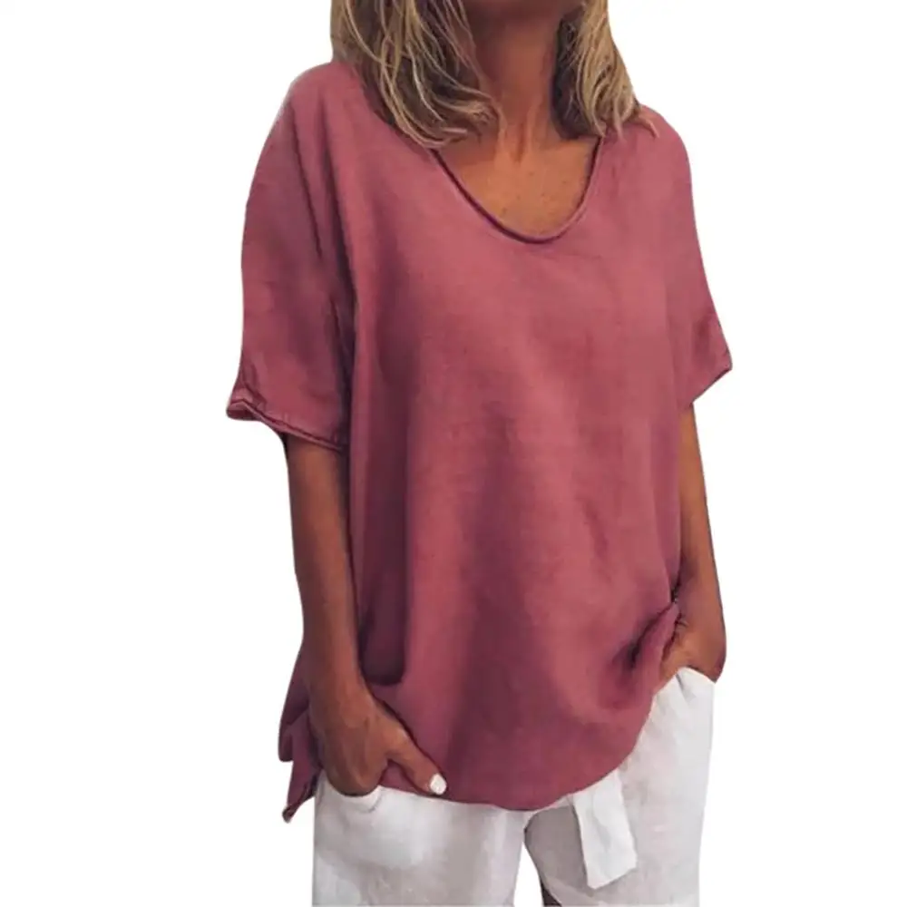 

Hillsionly Women Blouses 2019 Linen Shirts Casual Summer Solid Top O-Neck Shirt Short Sleeves Plus Size 5xl Blusas Mujer De Moda
