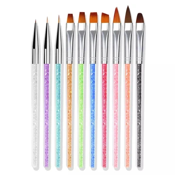 

CYSHMILY 10Pcs Rainbow Nail Brush Set Colorful Rhinestones Nail Pen UV Gel Liner Pattern Carved Brush Nail Art Manicure Tools