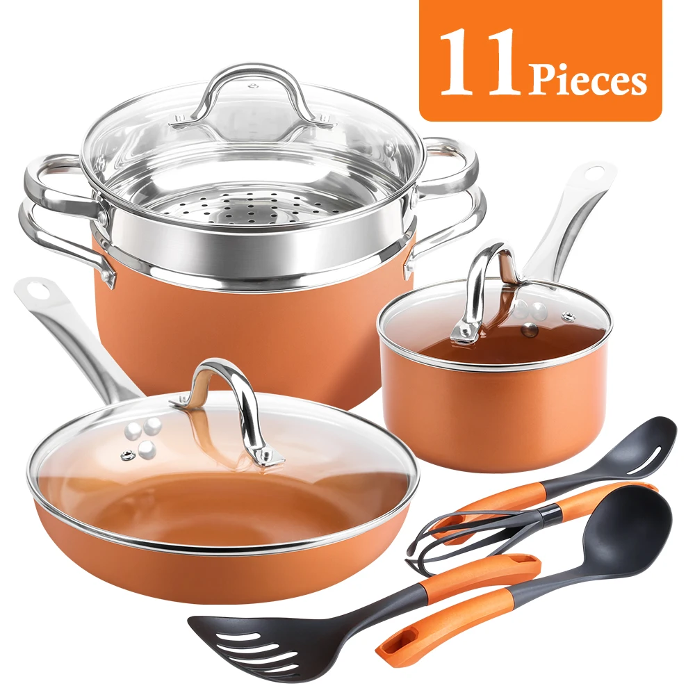 

11 Pieces Set Non-stick Copper Frying Pan Ceramic Coating Cooking Utensils for Induction, Gas, Electric & Stovetops