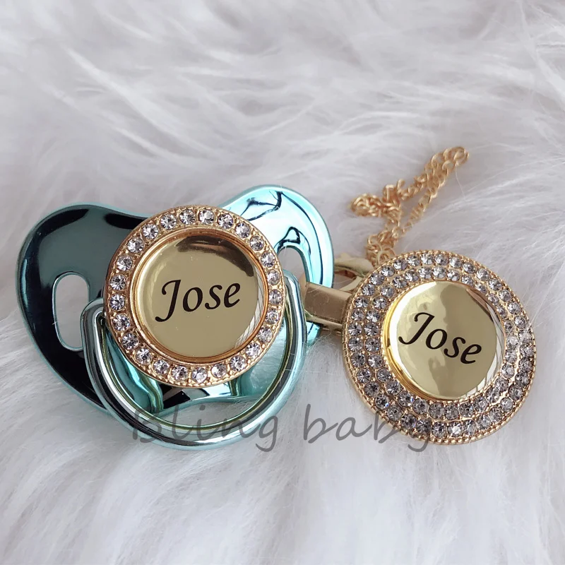 Bling do Ouro Chupeta do Bebê e Conjunto Dummy para Bebê Bling Personalizado Azul Clips Chupeta Bpa Livre Silicone Seguro Exclusivo p6 9 Estojos e corrente p/ chupetas