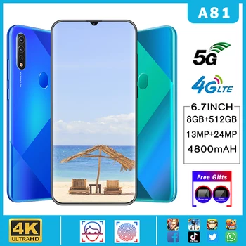 

A81 5G LET Smartphone 8+512GB MTK6799 10-Core Android Mobile Phone 6.7inch Full Display Intelligent Awaken Face Unlock Cellphone