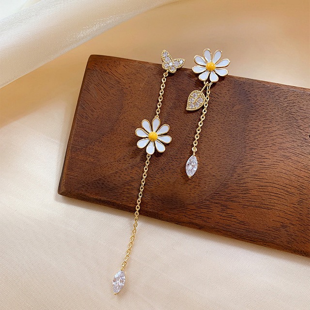 New Korean Style Flower Asymmetrical Dangle Earrings for Women Shiny Rhinestone Long Tassel Cute Cat Earring Sweet Jewelry
