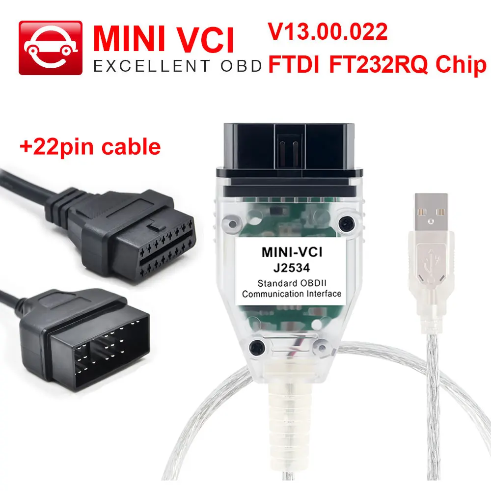 Мини VCI интерфейс для TOYOTA+ 22pin кабель miniVCI V13.00.022 FT232RQ чип ТИС Techstream J2534 OBD2 диагностический инструмент