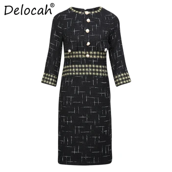 

Delocah Autumn Winter Women Dress Runway Fashion Designer Half Sleeve Simple Button Fake Pocket Printed Ladys New Slim Dresses