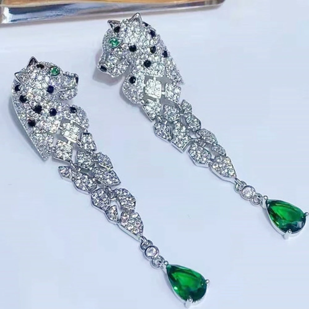 Leopard Long Dangle Earring Panther Earrings with Green Emerald Color AAA+ Zircon Stone 925 Silver Ear Pin Jewelry For Women