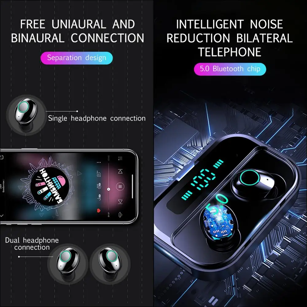 M7 TWS Bluetooth гарнитура 5,0 истинный беспроводной двойной в уши с светодиодный цифровой дисплей экран свободные руки для спорта водонепроницаемые наушники