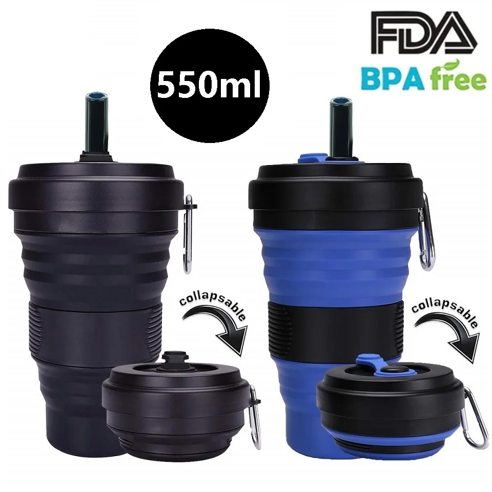 

550ml Folding Silicone Cup Collapsible Coffee Mug with Straw Lid Hook Portable Travel Telescopic Reusable Drinking Bottle BPA
