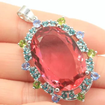 

52x32mm Deluxe Big Oval Gemstone 30x20mm 11g Created Pink Morganite Peridot Tanzanite Silver Pendant
