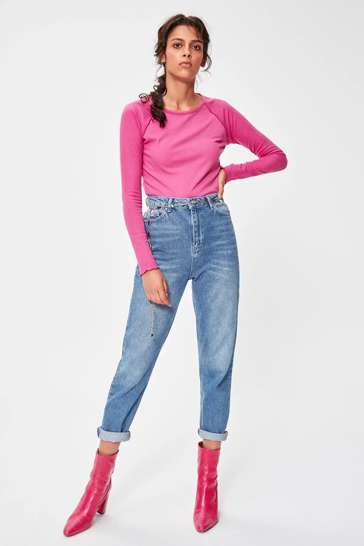 Trendyol фуксия трикотажная блузка в рубчик TWOAW20BZ0307|Блузки| |