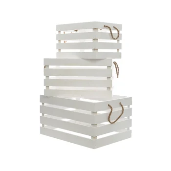 

WOODEN BOX WITH ROPE HANDLE 3 PIECE SET WHITE COLOR