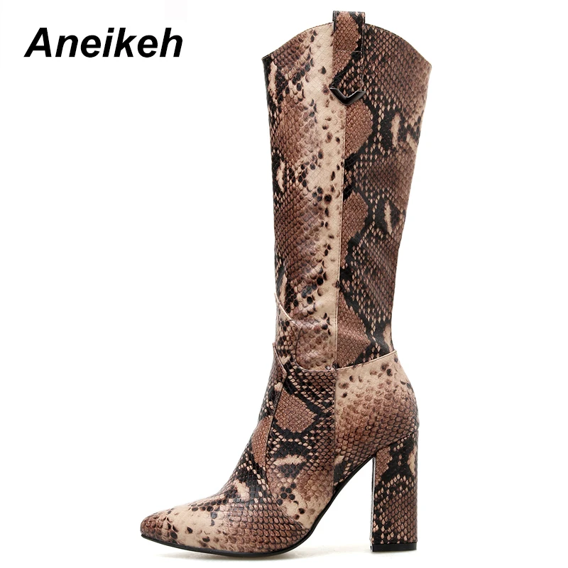 Aneikeh Spring/Autumn Fashion Serpentine Boots Women Sexy Lady Pointed Toe Over-The-Knee Shoes High Heels Thick Heel High Boots