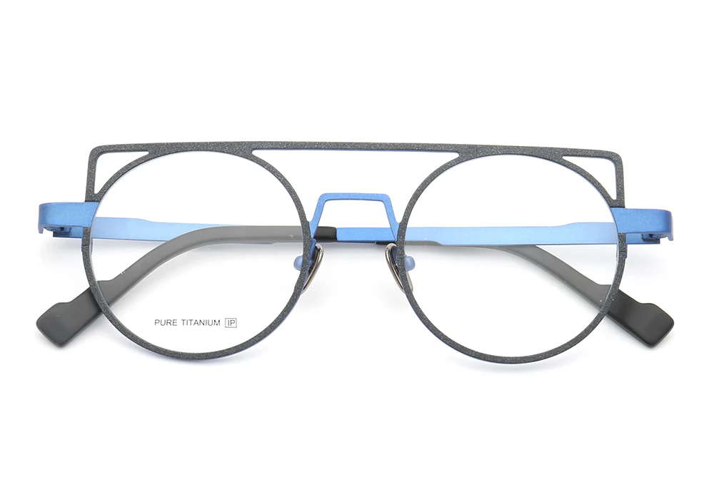 Женские круглые Двойные мосты уникальные Cateye из чистого титана Металлические легкие очки повседневные Популярные оправы для очков синего цвета по рецепту
