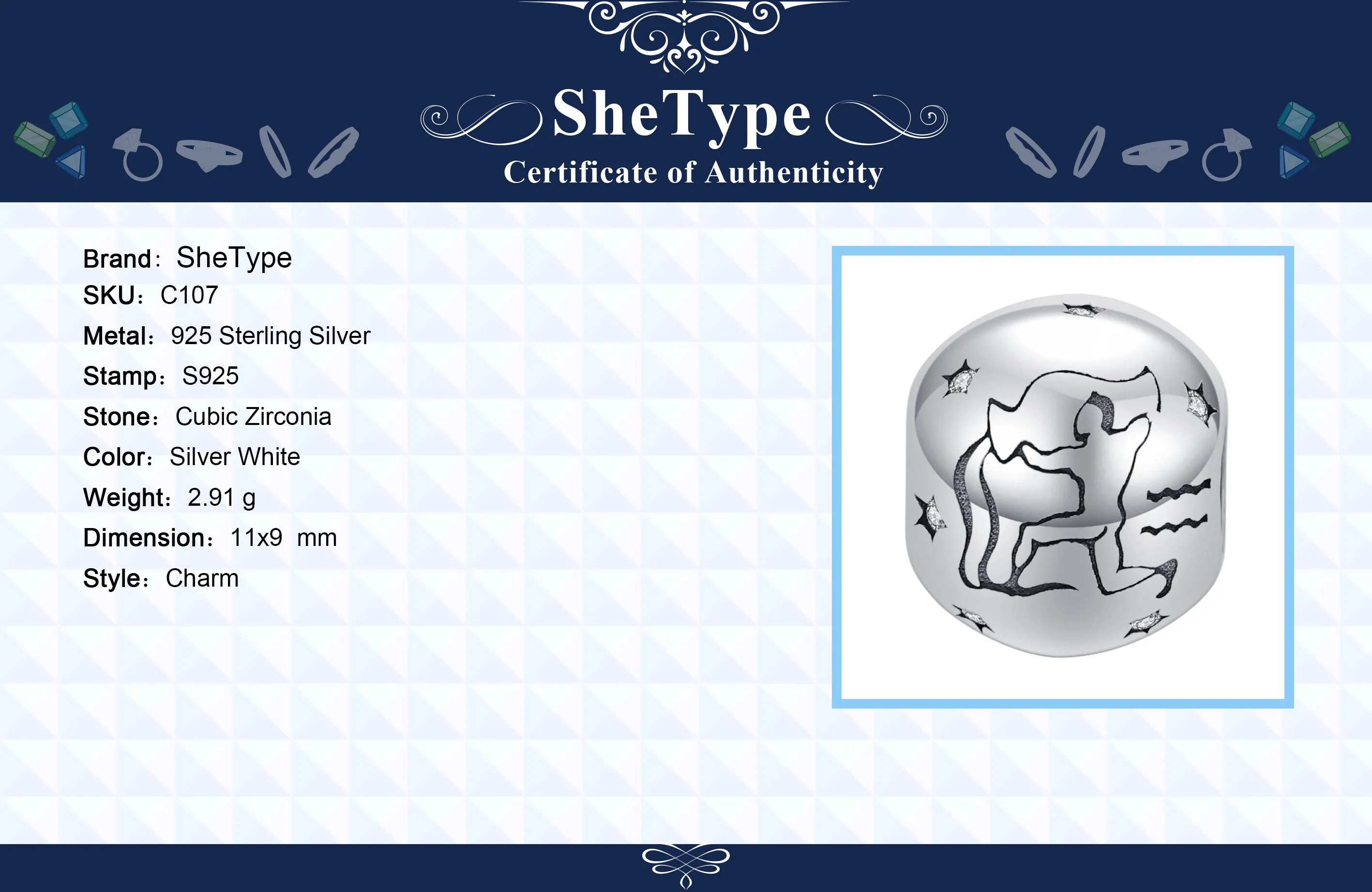 SheType 2,8 г Круглый бисер с изображением созвездия для женщин, ювелирное изделие, подвеска в виде прозрачной звезды Водолей, чистое серебро 925 пробы