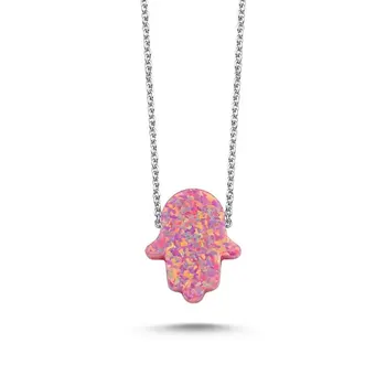 

Angemiel 925 Silver Dark Pink Opal Fatma Master Hand Necklace
