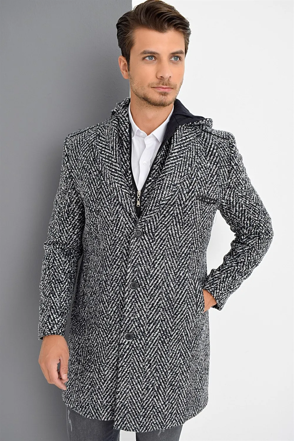 PLT8371 Пальто DEWBERRY темно-синий с рисунком