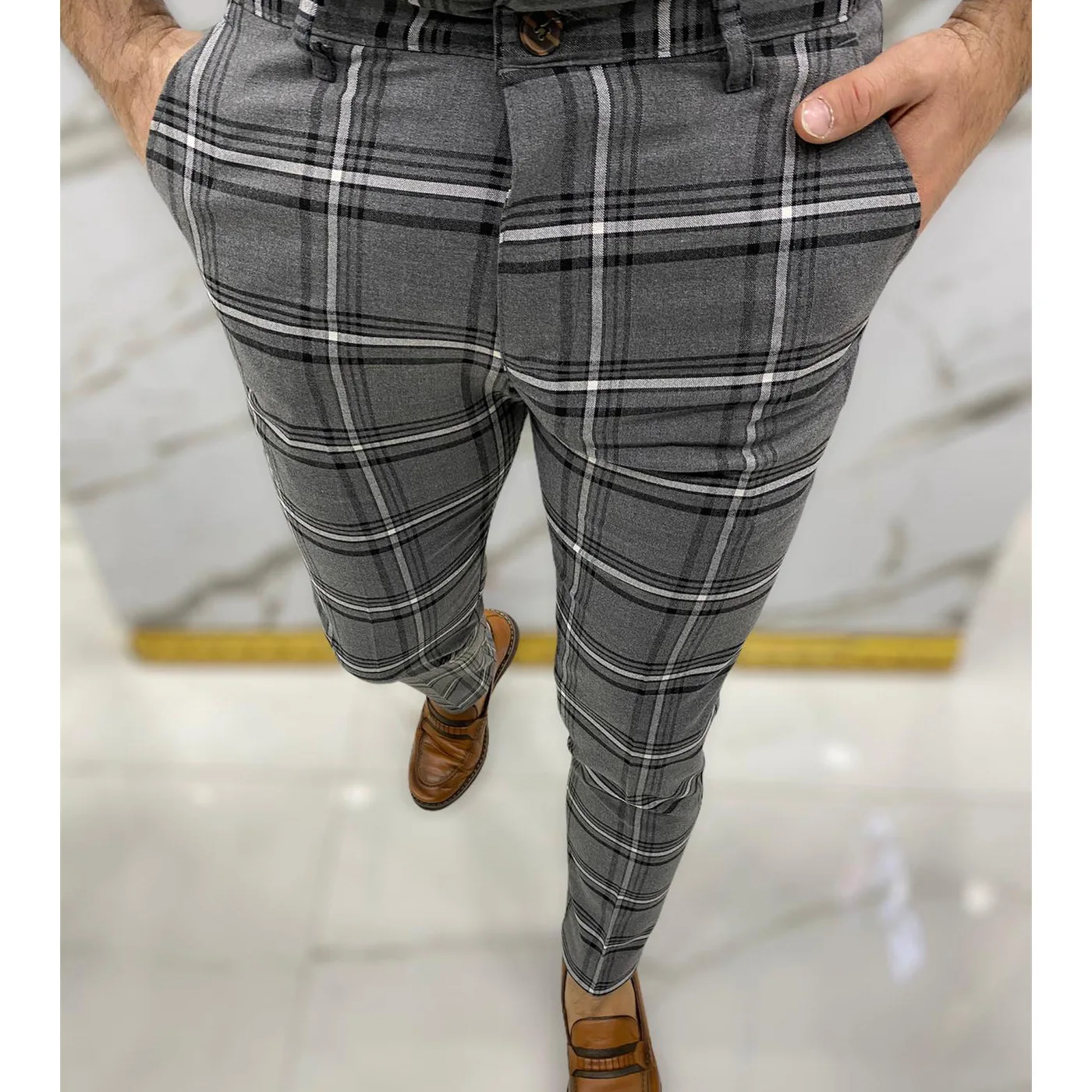 Cheap Men Mid-rise Casual Long Pants Elastic Waist Drawstring Slant Pockets  Plaid Print Pencil Pants Streetwear | Joom