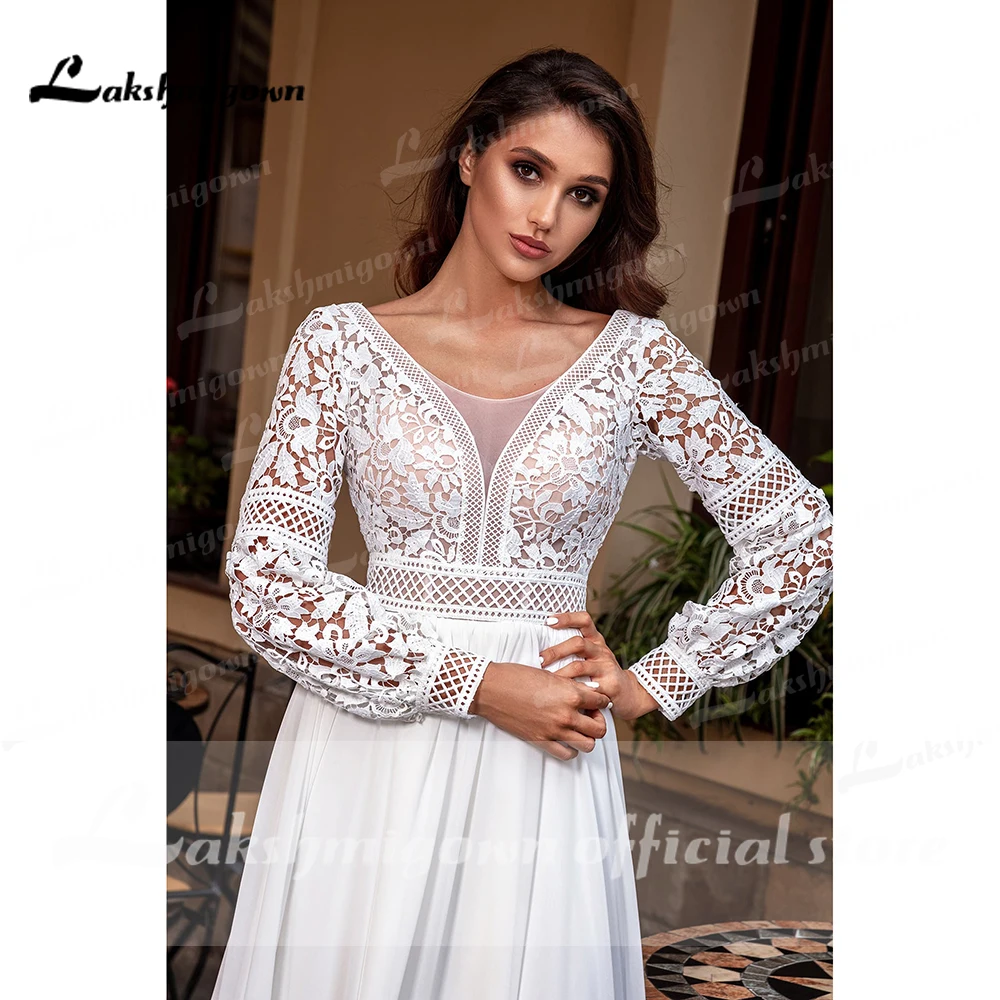 beach wedding dresses Elegant Full Cap Sleeve Sweep Lace Up V-neck Chiffon Floor-Length Appliques Lace A-LINE Wedding Dresses 2022 Bridal Gowns платье vintage wedding dresses