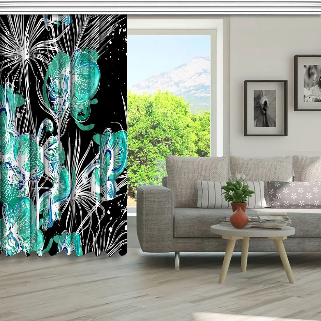 Orchid Flowers and Tropical Palm Leaves Branches Watercolor Style Artwork Turquoise White Black Curtain