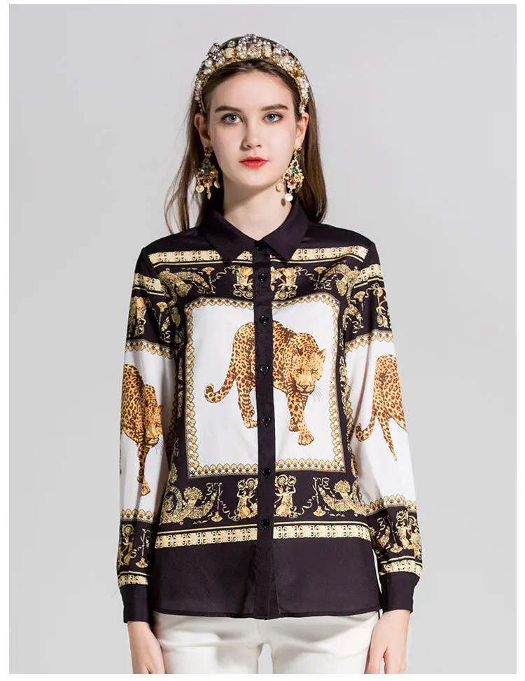Leopard spring summer runway catwalk new style women blouse queen oil praiting vintage lady long sleeve 3XL plus size tops shirts - Цвет: Leopard