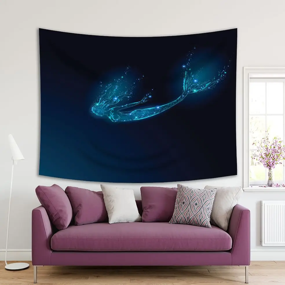 Tapestry Mermaid Diving in Deep Ocean Low Poly Pattern Fantasy Mystic Creature Artwork Blue Green | Дом и сад