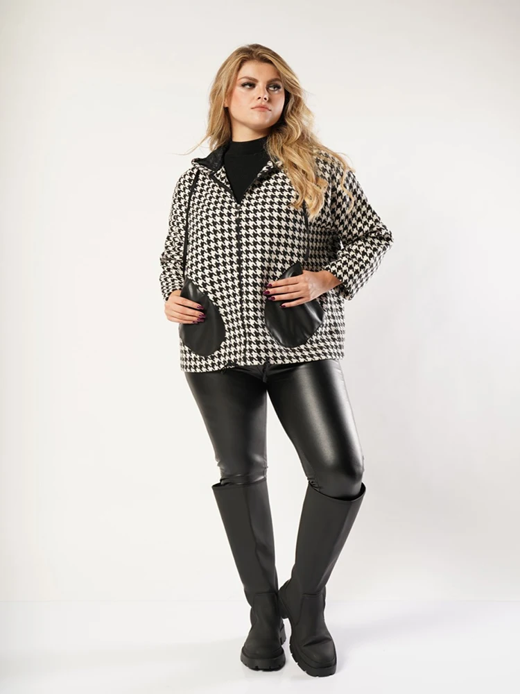 Crowbar Patterned Pocket Hooded Black Color Short Winter Plus Size Jacket For Women 4xl 5xl 6xl New Fashion Women's Outwear
