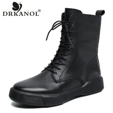 DRKANOL Classic Black Women Genuine Leather Boots Side Zipper Lace Up Round Toe Plush Warm Mid Calf Boots Autumn Winter Size 41