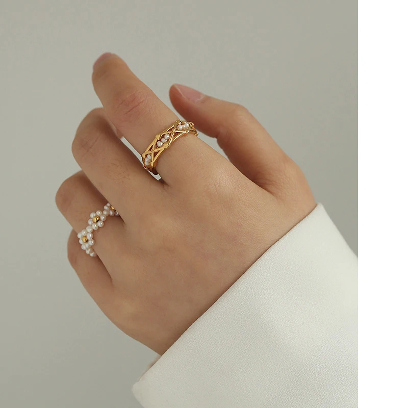 Vintage Baroque Open Hollow Braided Stackable Rings for Women Real Freshwater Pearls Finger Ring Female Hand Jewelry Gift Party