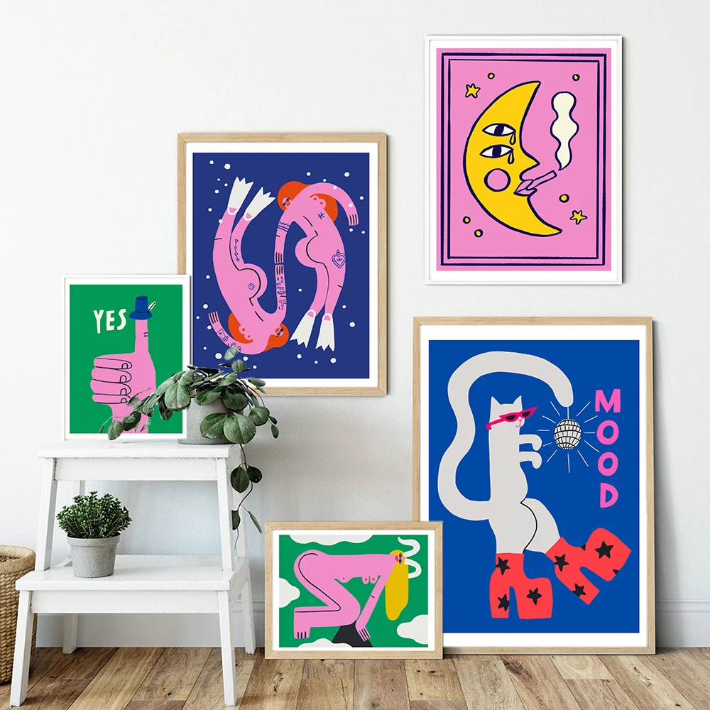 Cartoon Cat Mood Pisces Aries Poster Print Abstratc Body Moon Lady Wall Art Pictures for Kid Bedroom Nordic Decor Canvas Cuadros | Дом и сад